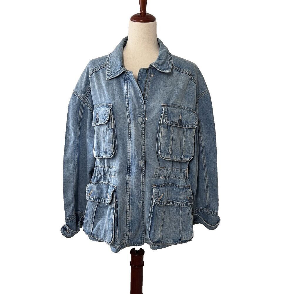 American Eagle Womens Denim Jacket Size Large Blue Zip Up Pockets Field Military